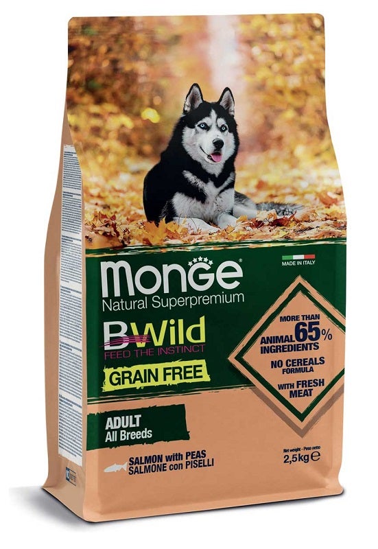 Monge B Wild Grain Free Con Salmone/Piselli Cibo Secco Per Cani Adulti Sacco 2,5Kg-1