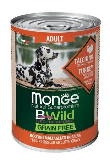 Monge B Wild Grain Free All Breeds Con Tacchino Zucca Zucchine Cibo Umido Cani Adulti 400g-2