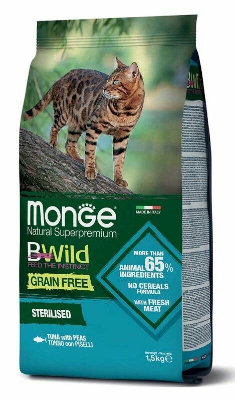 Monge B Wild Grain Free Sterilised Con Tonno e Piselli Cibo Secco Gatti Sterilizzati Sacco 1,5Kg-2
