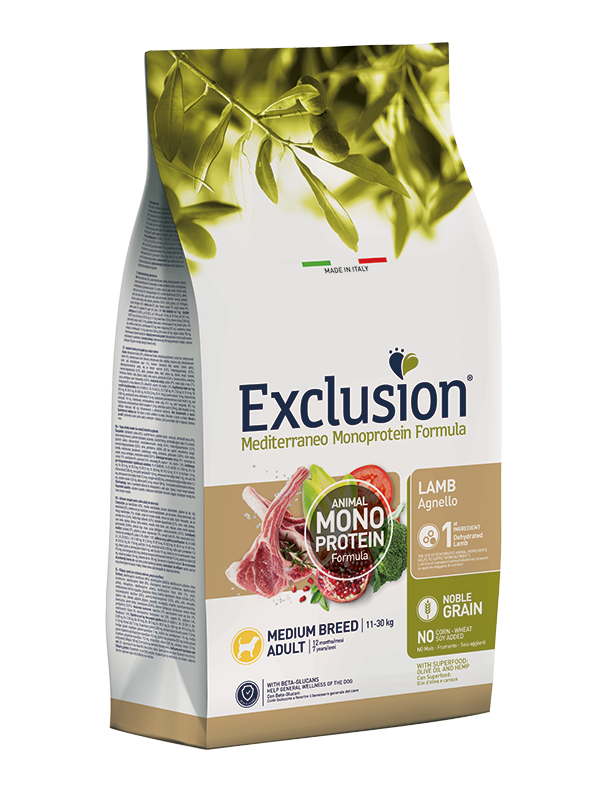 Exclusion Mediterraneo Monoprotein Formula Noble Grain Lamb Crocchette Con Agnello Per Cani Adulti Taglia Media Sacco 3kg-1
