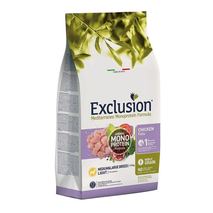 Exclusion Mediterraneo Monoprotein Noble Grain Crocchette Pollo Light Per  Cani Sacco 12kg-1