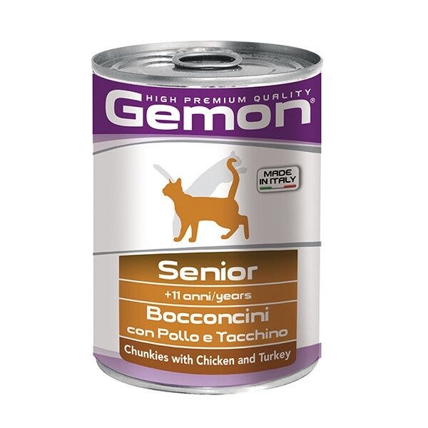 Gemon Bocconcini Pollo E Tacchino Cibo Umido Senior Gatti Età Avanzata Barattolo 415 g-1