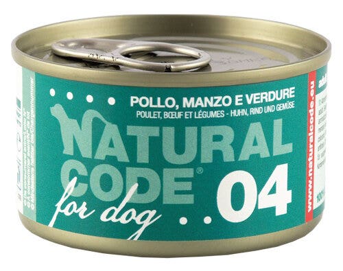 Natural Code 04 Pollo, Manzo E Verdure Cani Adulti Lattina 90g-1