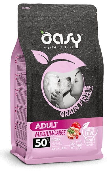 Oasy Grain Free Formula Cibo Secco Maiale Per Cani Adulti Taglia Media/Grande 2,5kg-1