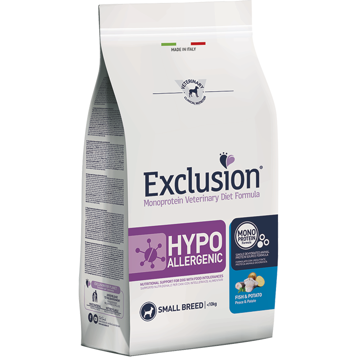 Exclusion Monoprotein Veterinary Diet Formula Hypoallergenic Crocchette Pesce/Patate Per Cani Taglia Piccola Sacco 2kg-3