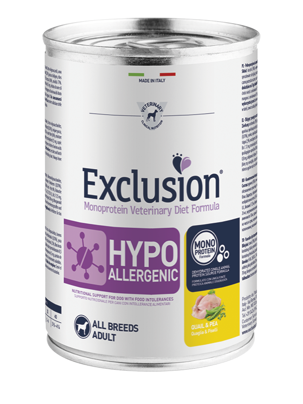 Exclusion Monoprotein Veterinary Diet Formula Hypoallergenic Umido Quaglia/Piselli Per Cani Adulti Lattina 400g-1