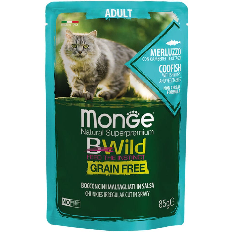 Monge B Wild Grain Free Merluzzo Gamberetti E Ortaggi Cibo Umido Per Gatti Adulti 85g-2
