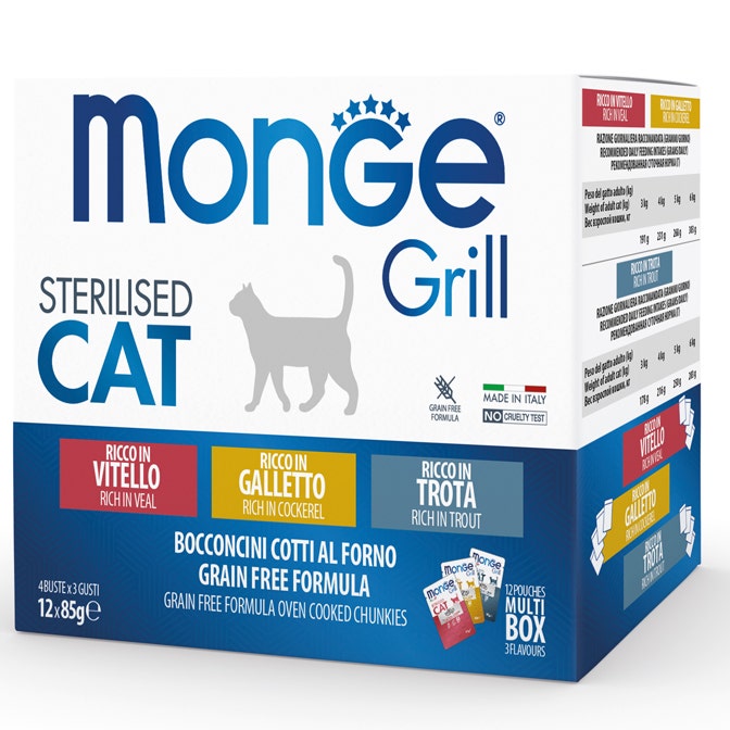 Monge Grill Sterilised Multibox Mix Vitello Galletto Trota Per Gatti Sterilizzati 12 Bustine-2