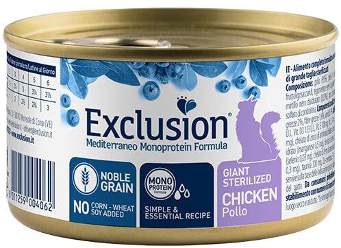 Exclusion Mediterraeo Noble Grain Gatto Adulto Sterilizzato Al Pollo Lattina 85gr-2