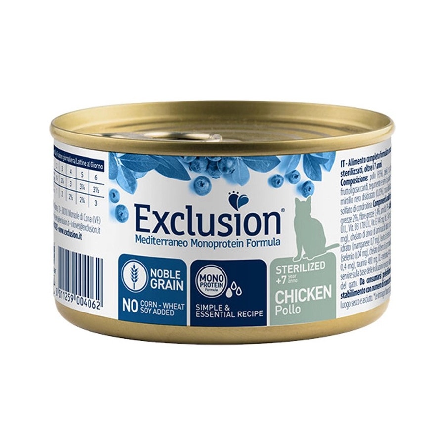 Exclusion Mediterraneo Monoprotein Noble Grain Cibo Umido Con Pollo Per Gatti Sterilizzati +7Anni Lattina 85g-1