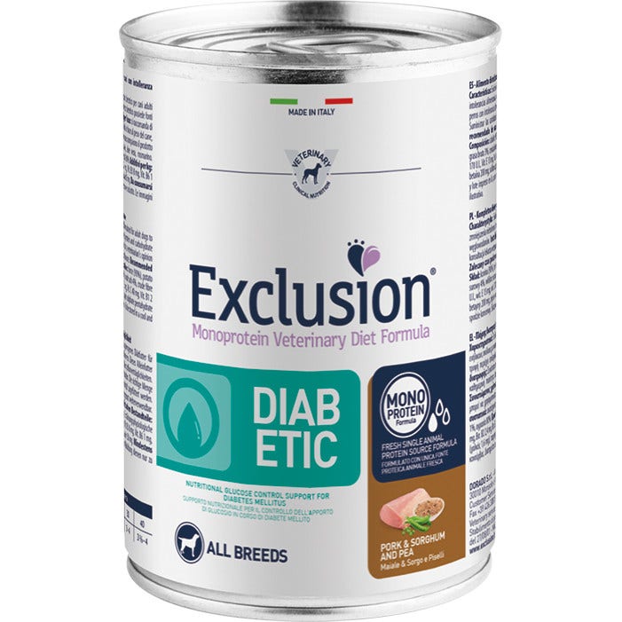 Exclusion Monoprotein Veterinary Diet Formula Diabetic Umido Suino/Sorgo/Piselli Per Cani Adulti 400g-1