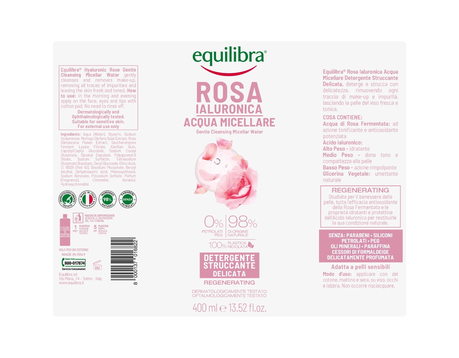Equilibra Rosa Ialuronica Acqua Micellare Detergente/Struccante Delicata 400ml-8