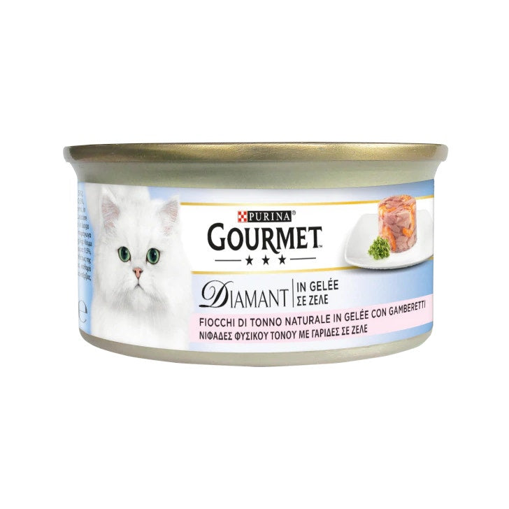 Purina Gourmet Diamant Fiocchi Tonno Naturale Gelée Con Gamberetti Per Gatti Lattina 85g-1