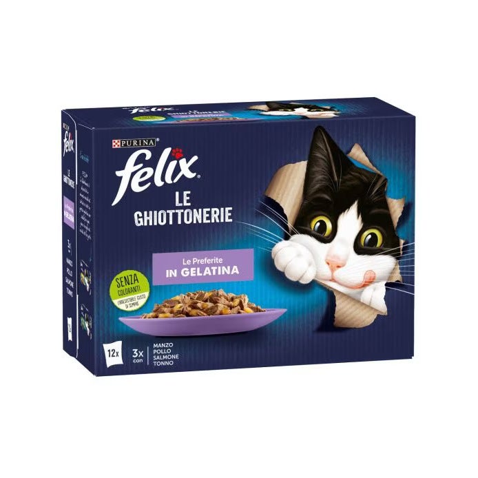 Purina Felix Le Ghiottonerie Gusto Manzo/Pollo/Salmone/Tonno Cibo Umido Gatti Adulti Busta 12x85g-1