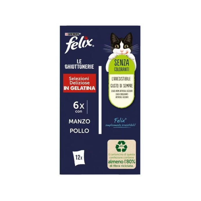Purina Felix Le Ghiottonerie Selezioni Gusto Manzo/Pollo Cibo Umido Gatti Adulti Busta 12x85g-3