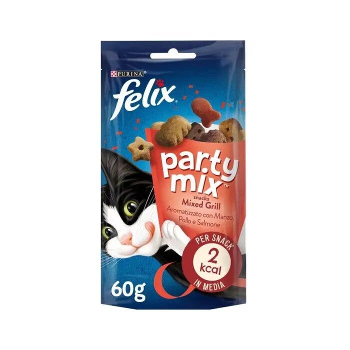 Purina Felix Party Mix Mixed Grill Manzo/Pollo/Salmone Snack Gatti Adulti Busta 60g-8