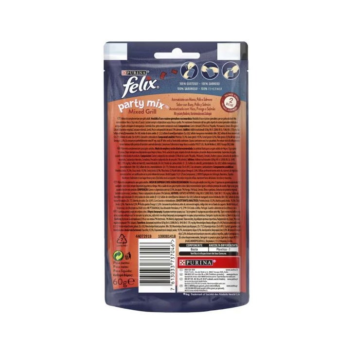 Purina Felix Party Mix Mixed Grill Manzo/Pollo/Salmone Snack Gatti Adulti Busta 60g-2