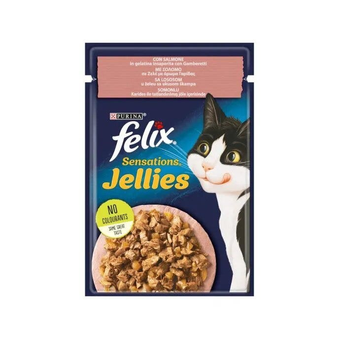 Purina Felix Sensations Jellies Gusto Salmone/Gamberetti Cibo Umido Gatti Adulti Busta 80g-5