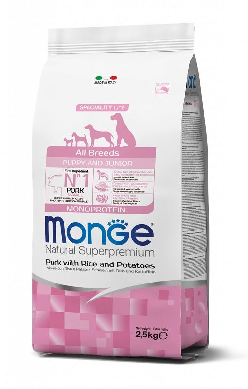 Monge Natural Superpremium All Breeds Maiale Con RIso Patate Cibo Secco Cani Cuccioli Sacco 2,5Kg-1