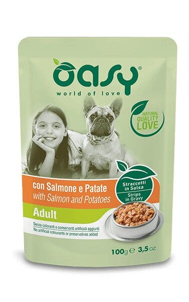 Oasy Straccetti In Salsa Con Salmone E Patate Per Cani Adulti Bustina 100g-2