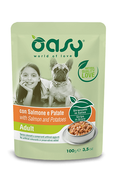 Oasy Straccetti In Salsa Con Salmone E Patate Per Cani Adulti Bustina 100g-1