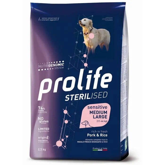 Prolife Dog Sterilised Sensitive Pork & Rice Cibo Secco Per Cani Adulti Sterilizzati Taglia Media/Grande Sacco 12 kg-2