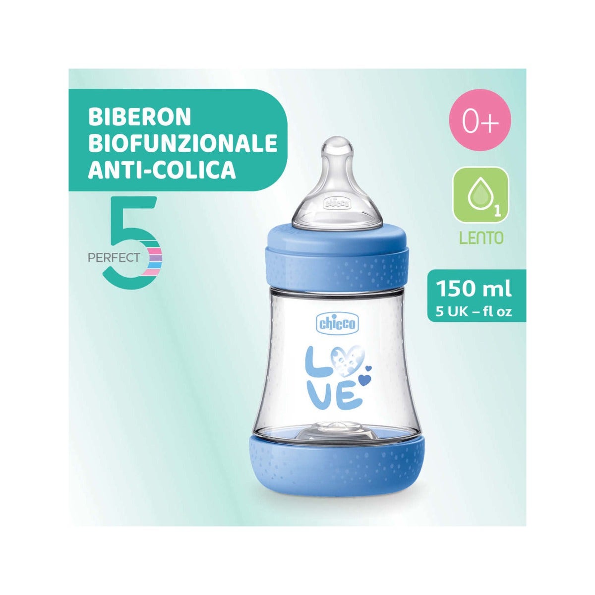 Chicco Biberon Neonato Perfect 5 Biberon Azzurro Flusso Lento 150 ml 0Mesi+-1