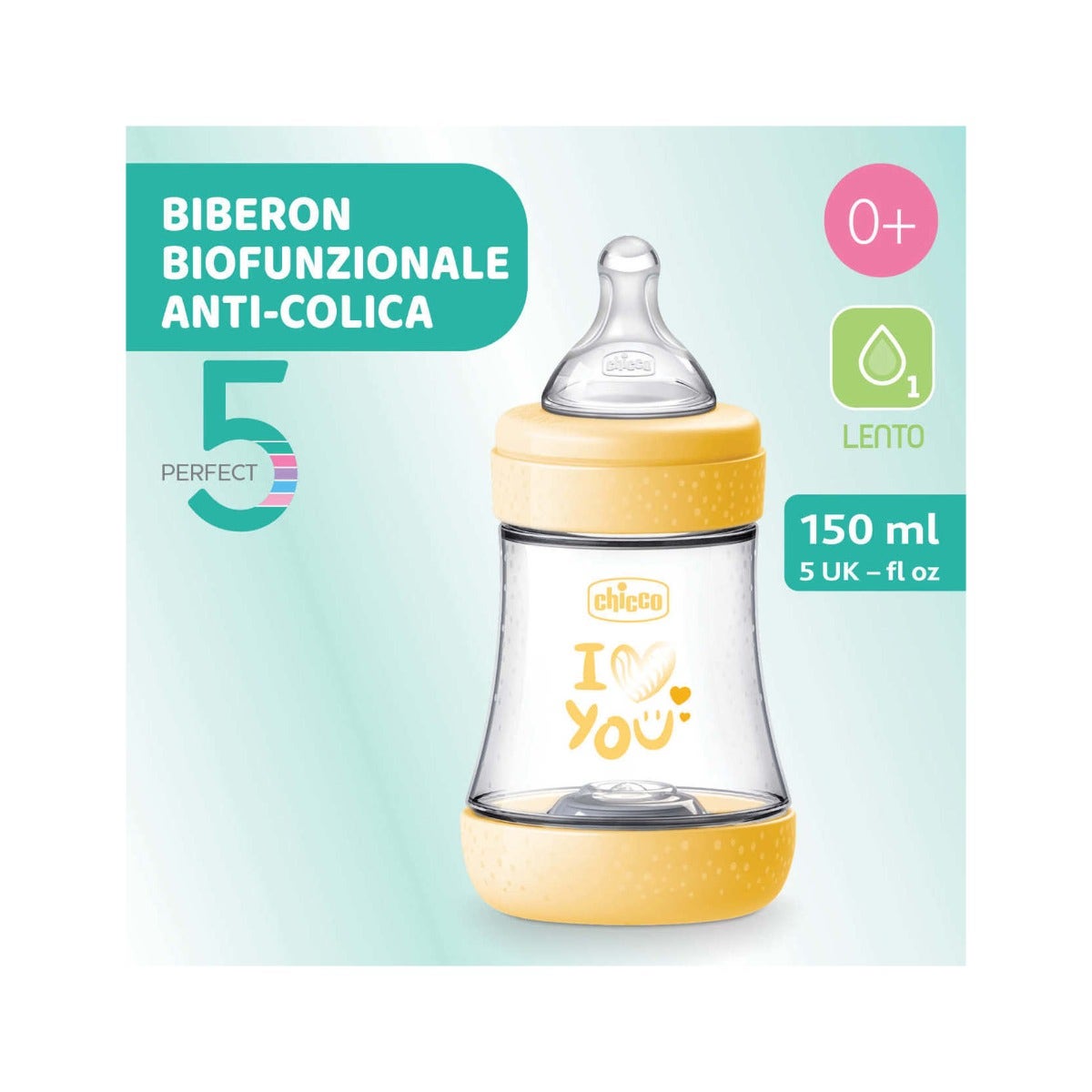 Chicco Biberon Neonato Perfect 5 Biberon Giallo Flusso Lento 150 ml 0Mesi+-1