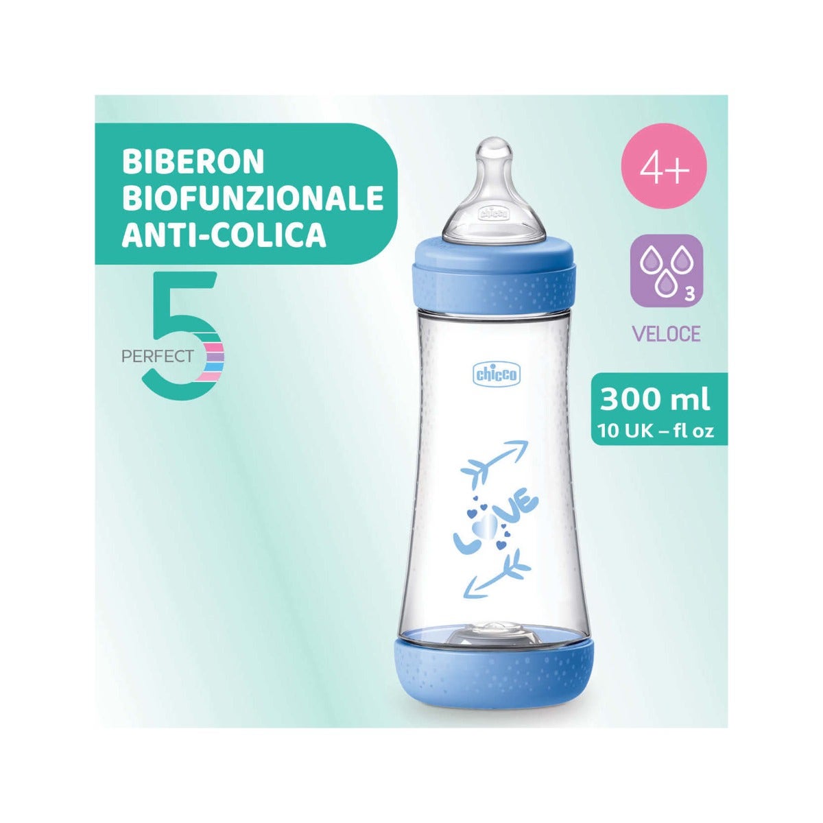 Chicco Biberon Neonato Perfect 5 Biberon Azzurro Flusso Veloce 300 ml 4Mesi+-1