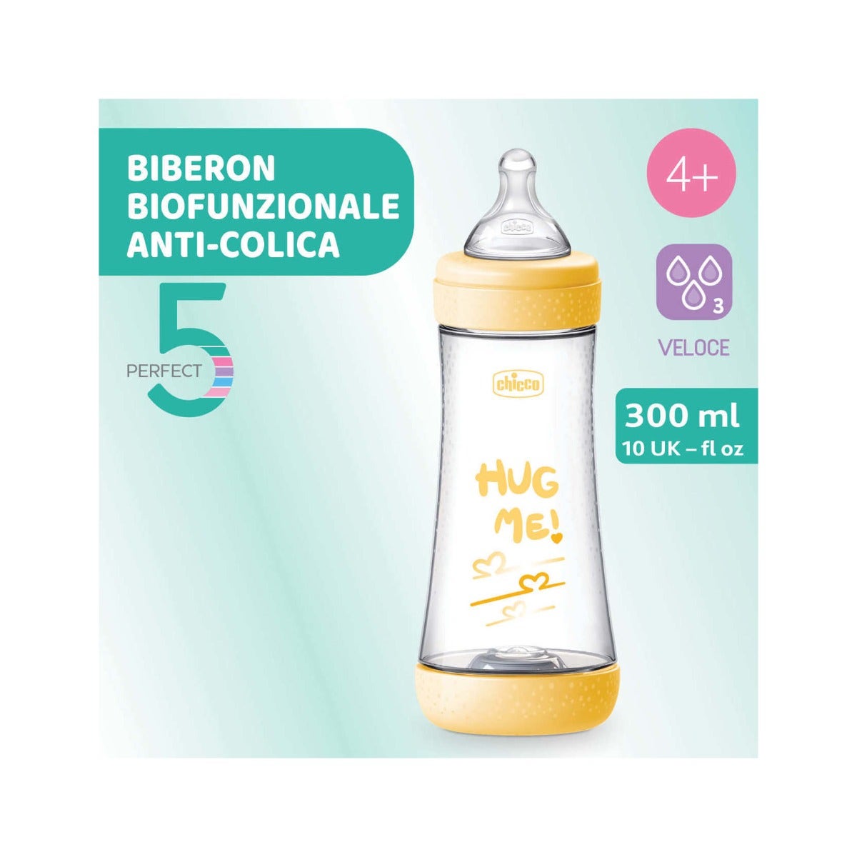 Chicco Biberon Neonato Perfect 5 Biberon Giallo Flusso Veloce 300 ml 4Mesi+-1