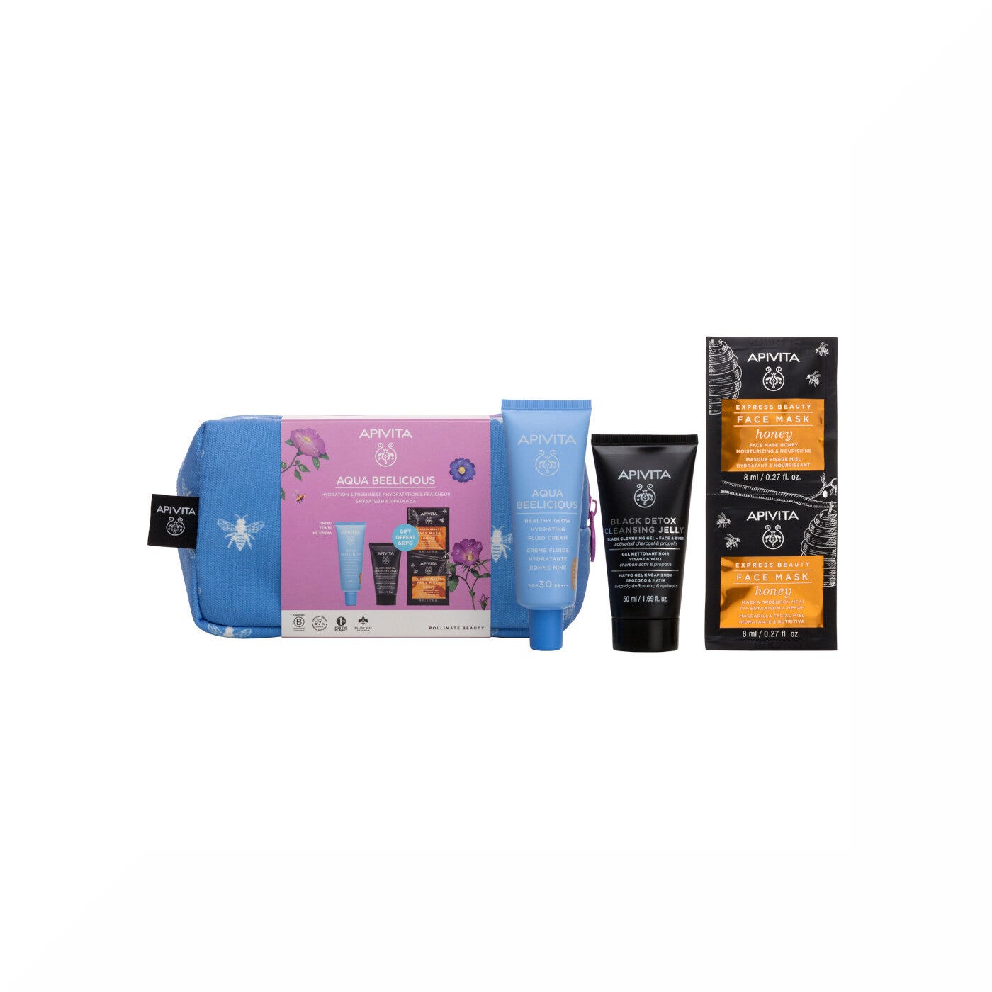 Apivita Aqua Beelicious Crema Idratante Colorata Healthy Glow SPF30+Gel detergente Viso+ Maschera+ Pochette-2