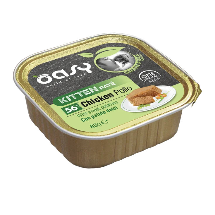 Oasy Wet Cat Grain Free Kitten Pollo con Patate Dolci Vaschetta 85 g