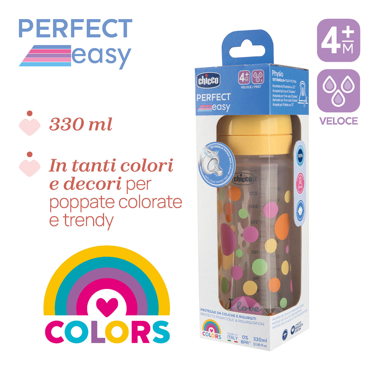 Chicco Biberon Perfect Easy Flusso Rapido Colore arancio 330ml 4M+