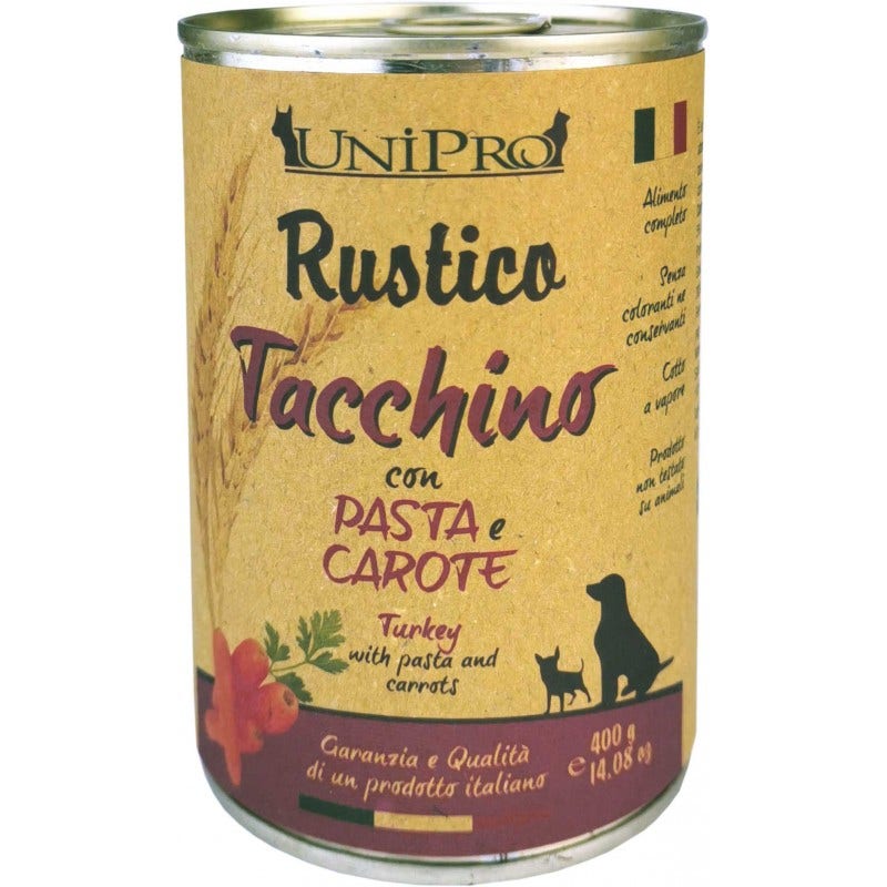 Unipro Rustico Tacchino Pasta Integrale Carote Cibo Cane Adulto Barattolo 400g-1