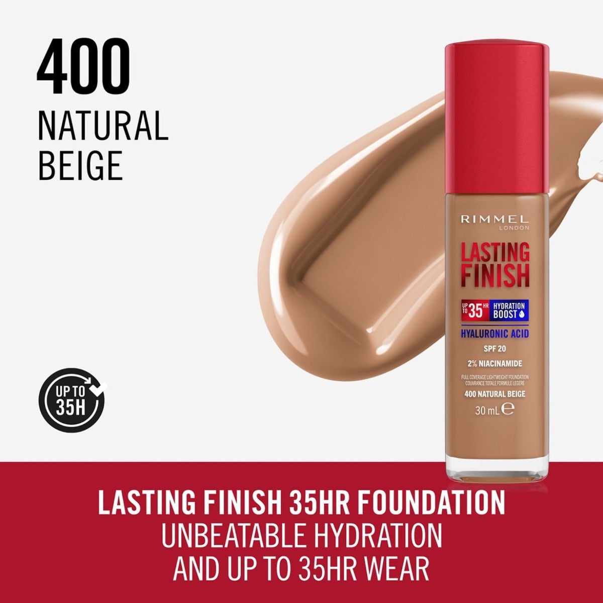 Rimmel Fondotinta Lasting Finish 35h Con Acido Ialuronico 400 Natural Beige 30ml-4
