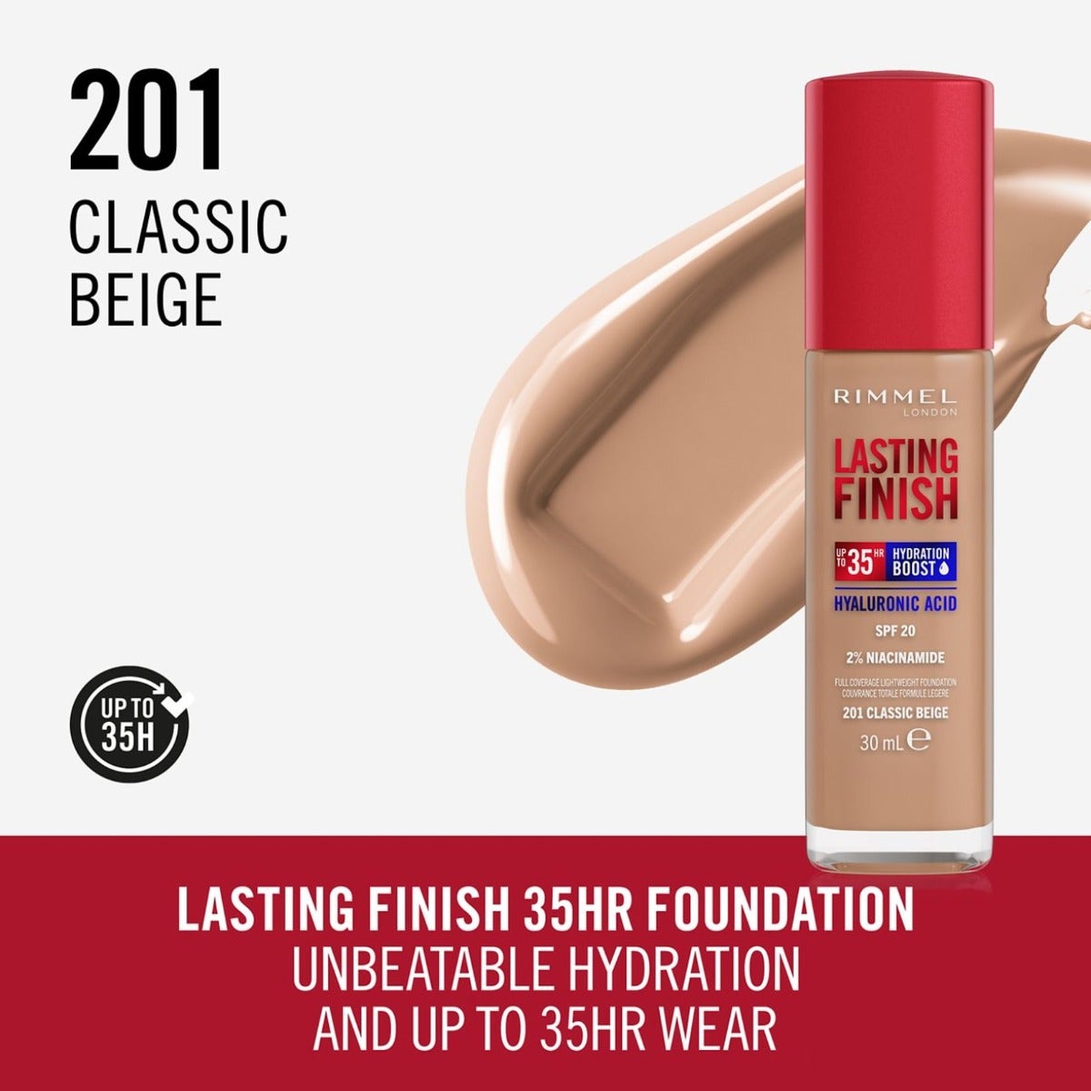 Rimmel Fondotinta Lasting Finish 35h Con Acido Ialuronico 201 Classic Beige 30ml-4