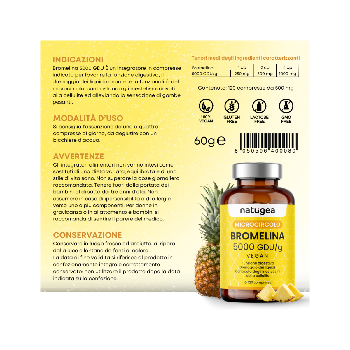 Natugea Bromelina Forte Drenante 5000 GDU/g Vegana Detox Anticellulite 120 Compresse-12