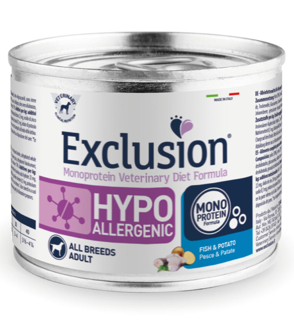 Exclusion Veterinary Diet Formula Hypoallergenic Per Cani Pesce/Patate Lattina 200gr-1