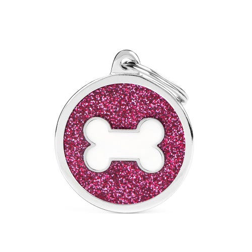 Medaglietta Per Cani E Gatti Personalizzata Osso In Alluminio Cerchio Grande Con Glitter Rosa E Osso Bianco-1