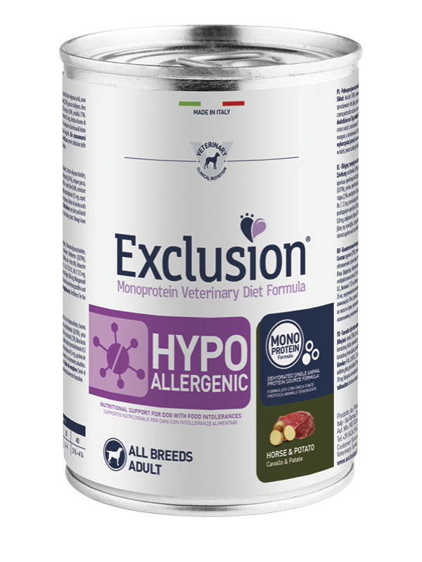 Exclusion Veterinary Diet Formula Hypoallergenic Per Cani Cavallo/Patate Lattina 400gr-1