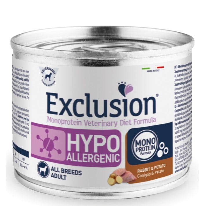 Exclusion Monoprotein Veterinary Diet Formula Hypoallergenic Cibo Umido Coniglio/Patate Lattina 200g-1