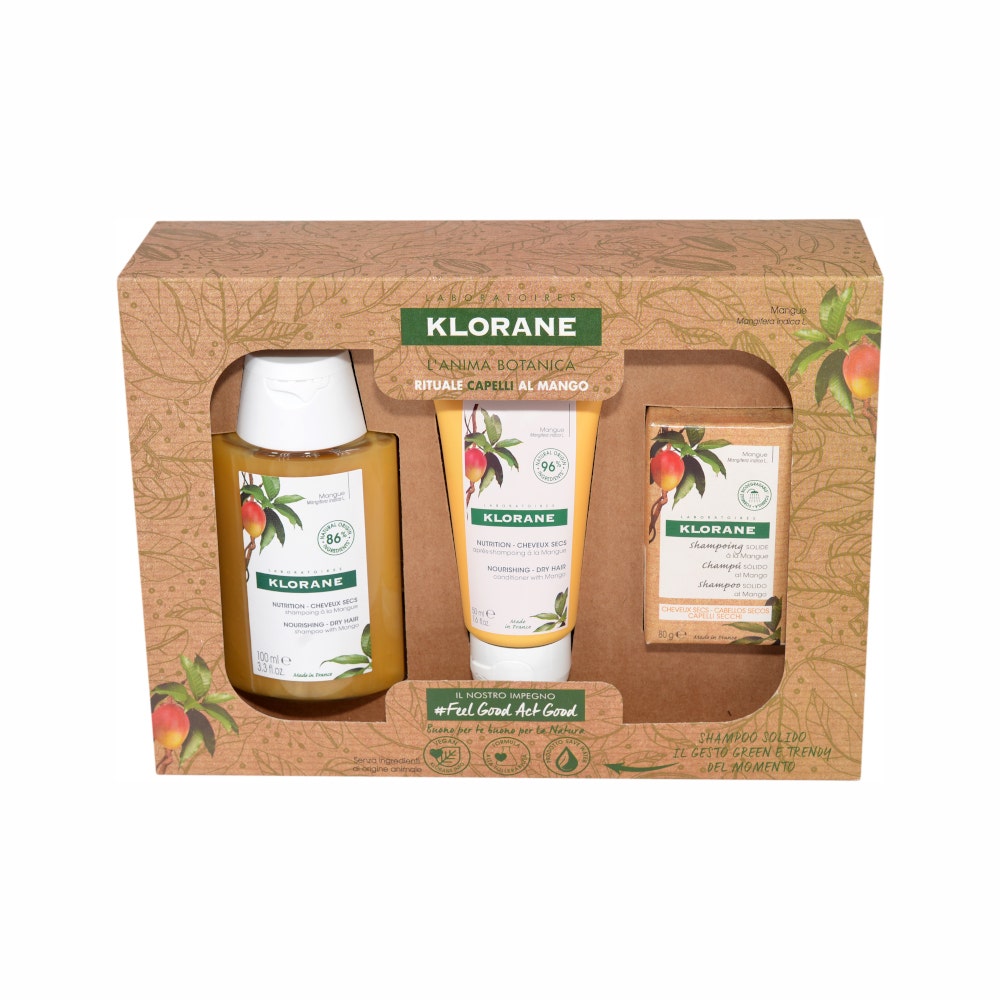 Klorane Cofanetto Rituale Capelli Secchi al Mango Shampoo 100ml + Balsamo 50ml + Shampoo Solido 80g-0