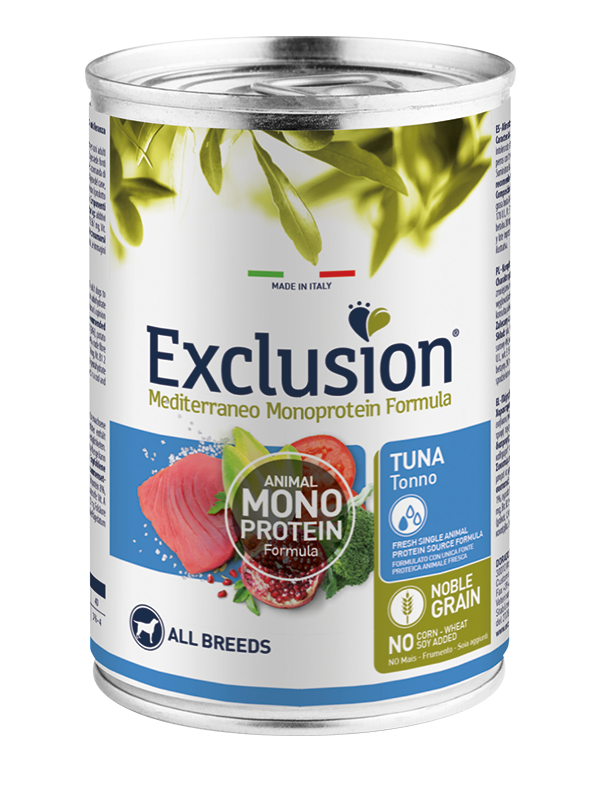 Exclusion Mediterraneo Monoprotein Noble Grain Umido Al Tonno Per Cani Lattina 400gr-1