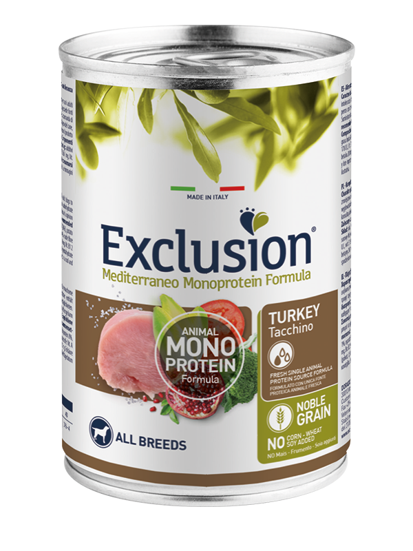 Exclusion Mediterraneo Monoprotein Noble Grain Umido Al Tacchino Per Cani Lattina 400gr-1