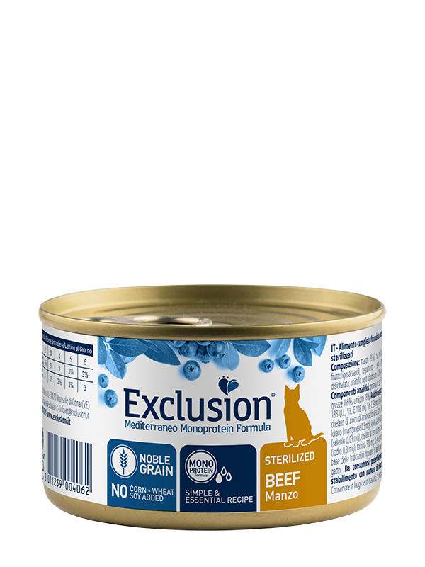 Exclusion Mediterraneo Monoprotein Noble Grain Umido Per Gatti Sterilizzati Al Manzo Lattina 85gr-1