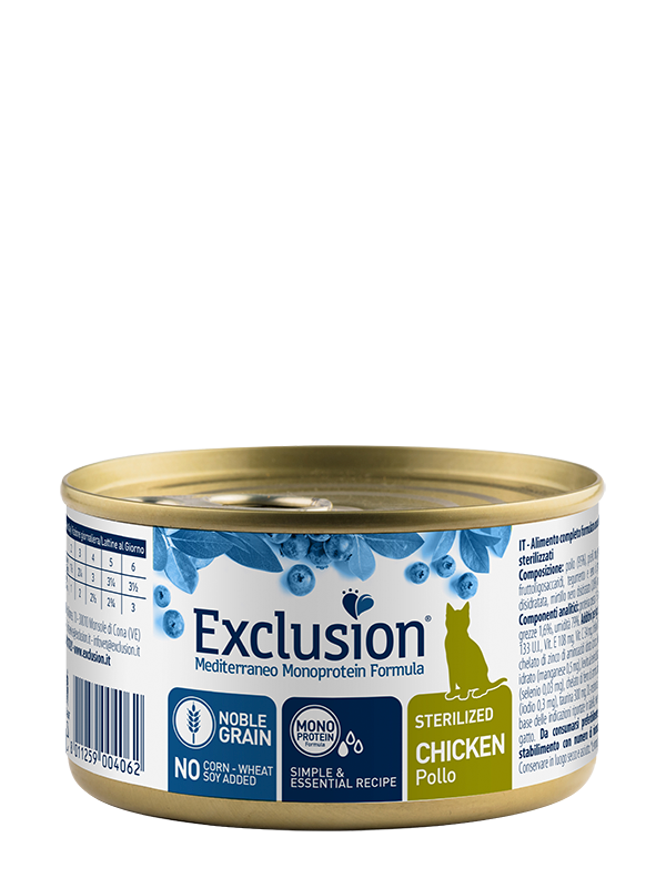 Exclusion Mediterraeo Noble Grain Gatto Adulto Sterilizzato Al Pollo Lattina 85gr-2